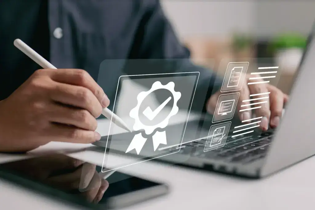 Person completing a certification checklist on a laptop, with a digital certification badge icon overlaid on the screen
