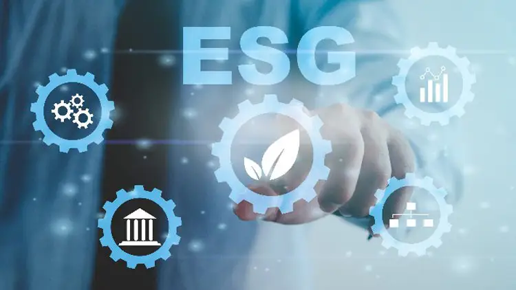 Businessperson touching interconnected ESG gear icons representing environmental, social, and governance factors