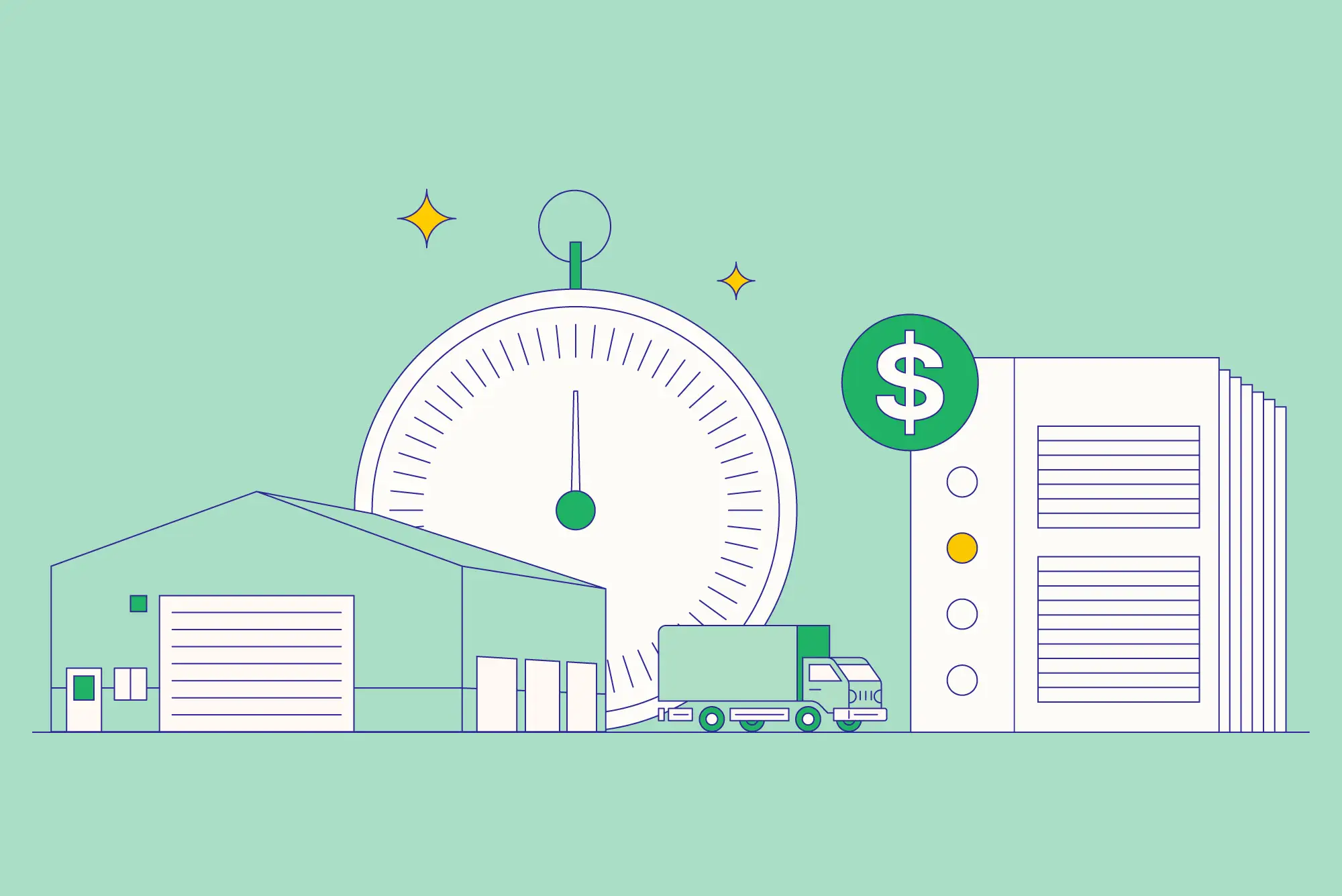 Illustration of a warehouse, delivery truck and office building with a speed gauge and dollar icon, representing supplier diversity compliance and cost efficiency